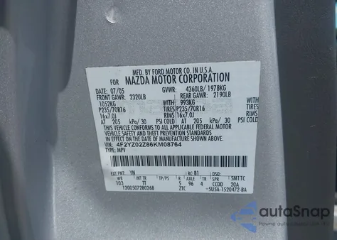 2006 Mazda Tribute I из США, поврежденный, VIN 4F2YZ02Z86KM08764